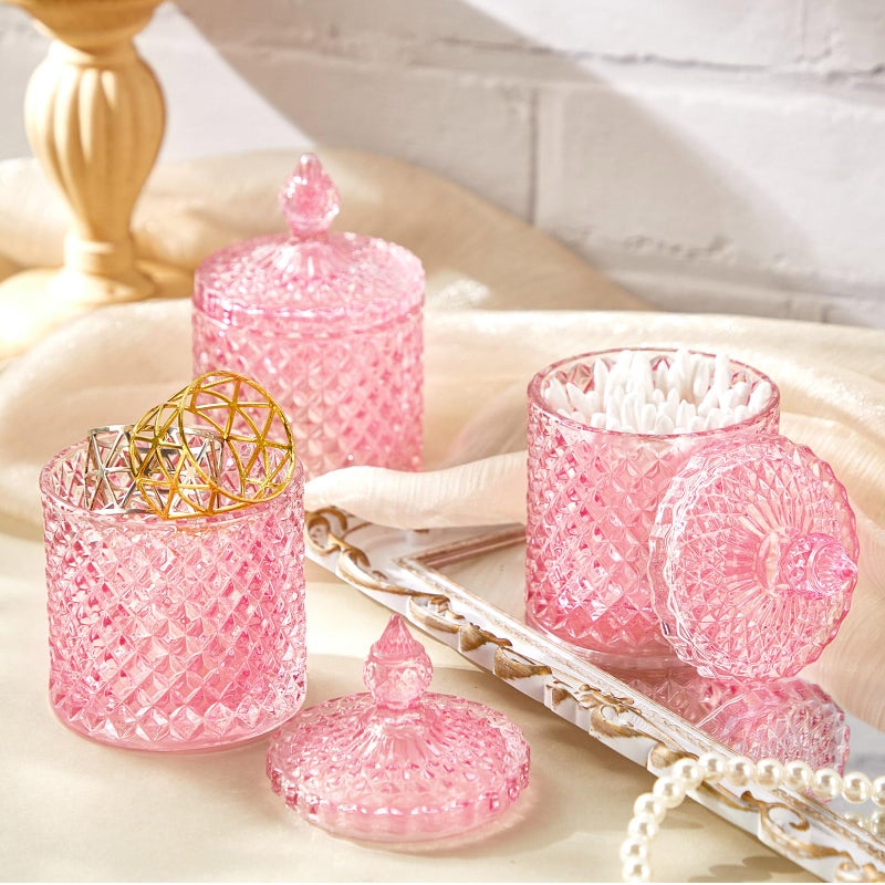 Aoriher 4 Pcs Crystal Glass Candy Jar Set with Lids Home Decorative Storage Jars for Apothecary, Bathroom, Kitchen, and Pantry, Ideal for Cotton Swabs and Jewelry(Medium,Pink) - Image 5