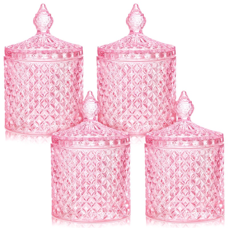 Aoriher 4 Pcs Crystal Glass Candy Jar Set with Lids Home Decorative Storage Jars for Apothecary, Bathroom, Kitchen, and Pantry, Ideal for Cotton Swabs and Jewelry(Medium,Pink) - Image 1