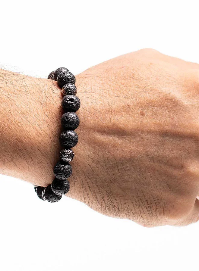 كريسوستوموس Handmade Beaded Men's Bracelet with Black Lava and Silver Lava, Durable Silicone Elastic