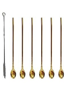 DECOR VIBES Decor Vibes 6 Pieces Spoon Straws Stainless Steel Drinking Spoon Straws Reusable Metal Cocktail Spoons Straws with Long Cleaning Brush  - Image 1