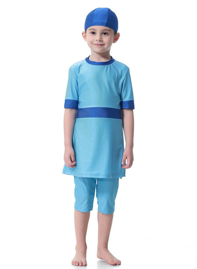 Loquat Girl's 3-Piece Conservative Swimwear Set Short Sleeve Burkini Swimsuit With Pyjama Blue  - Image 1