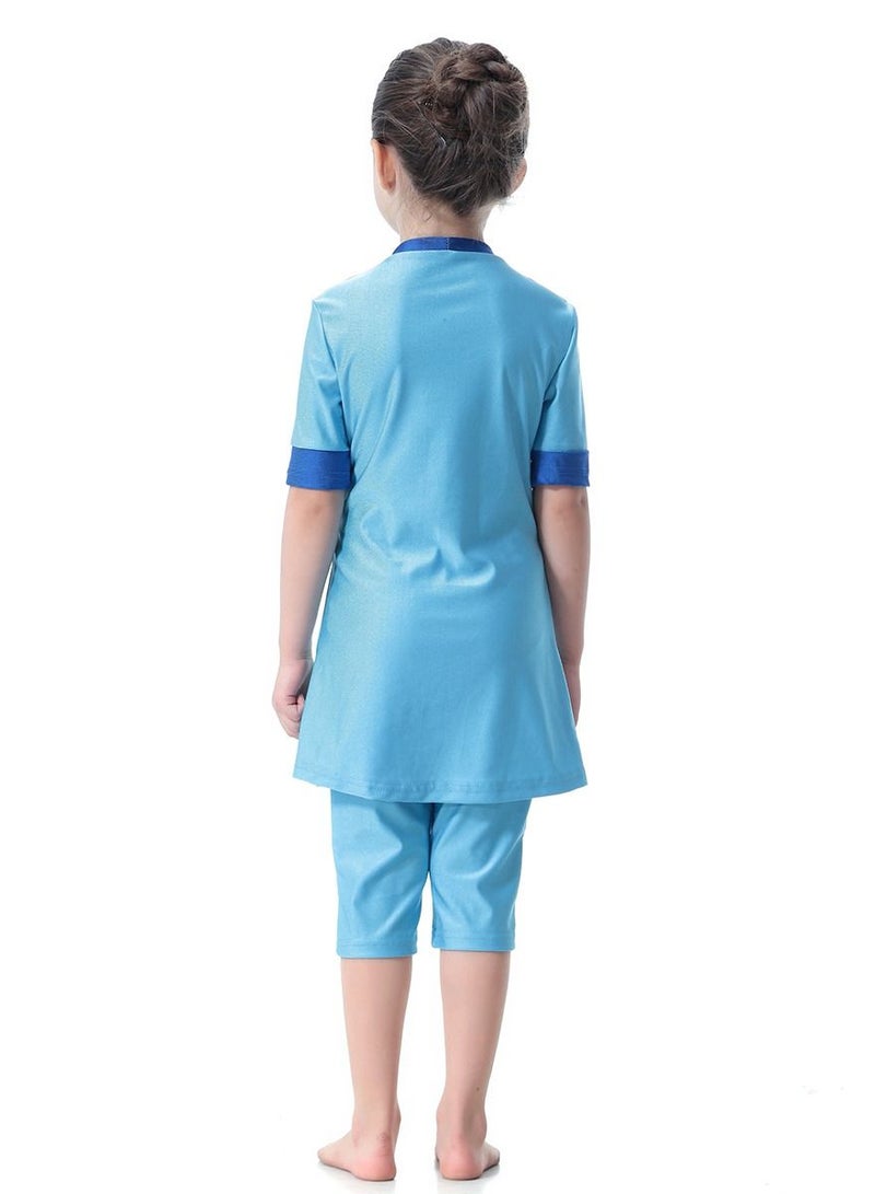 Loquat Girl's 3-Piece Conservative Swimwear Set Short Sleeve Burkini Swimsuit With Pyjama Blue  - Image 2