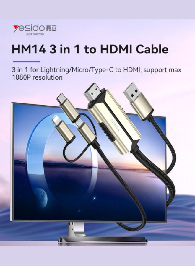 Yesido 3 in 1 Cable to HDMI – Lightning, Micro USB, Type-C to HDMI Converter with USB Charging Support – Full HD 1080P Output - Image 2