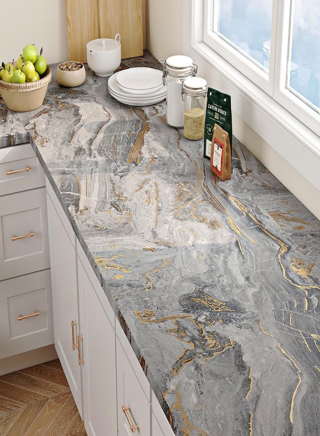 FunStick Thick Grey Marble Contact Paper for Countertops Cabinets Waterproof Gold Grey Marble Wallpaper Peel and Stick Countertops for Kitchen Bathroom Removable Marble Wall Paper for Desk 12"x200" - Image 2