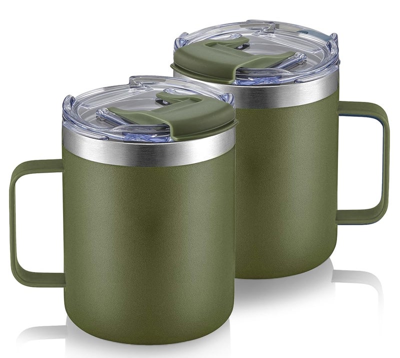 ALOUFEA 12oz Stainless Steel Insulated Coffee Mug with Handle Double Wall Vacuum Tumbler Cup with Fliping Lid Army Green 2 Pack