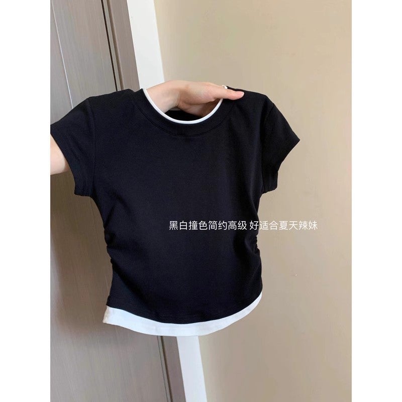 Right Shoulder Slimming Look Fake Two-Piece Contrasting Color Round Neck Short-Sleeved T-Shirt For Women Summer Pinch Waist Pleated Waist Sweet And Spicy Top Ins Trend - Image 2