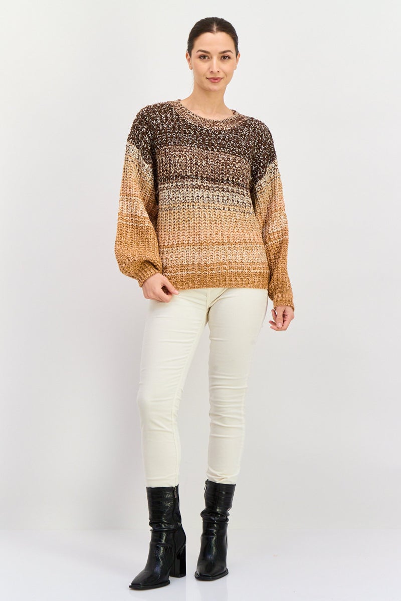 DEX سويت شيرت محبوك بأكمام طويلة على شكل طاقية للنساء، مزيج بني - Image 3