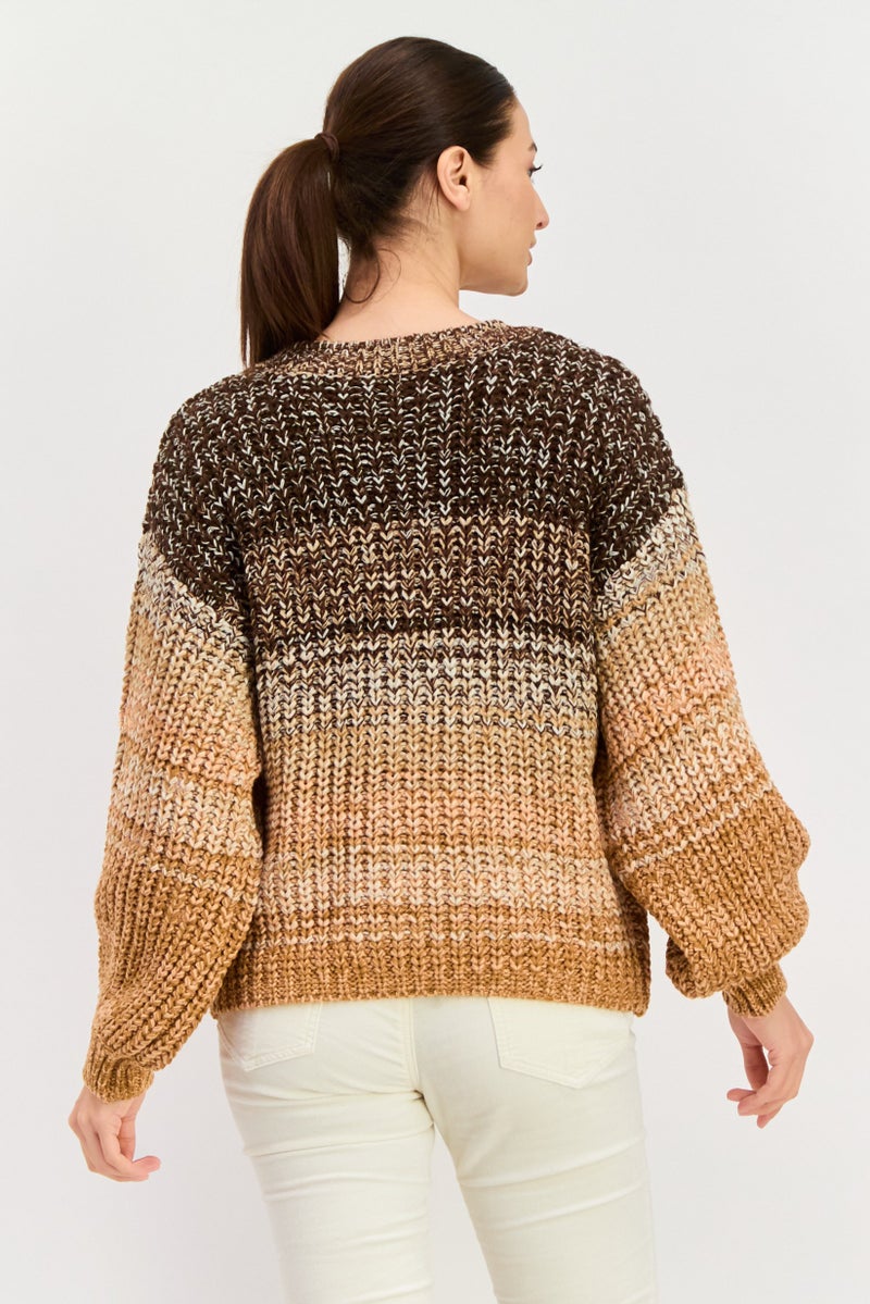 DEX سويت شيرت محبوك بأكمام طويلة على شكل طاقية للنساء، مزيج بني - Image 2