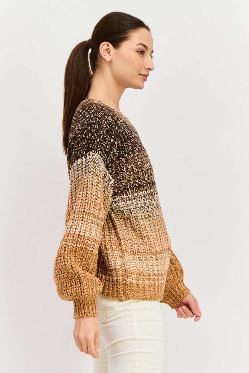 DEX سويت شيرت محبوك بأكمام طويلة على شكل طاقية للنساء، مزيج بني - Image 4