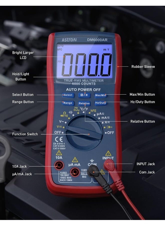 AstroAI Digital Multimeter and Analyzer TRMS 6000 Counts Volt Meter Ohmmeter Auto-Ranging Tester; Accurately Measures Voltage Current Resistance Diodes Continuity Duty-Cycle Capacitance Temperature