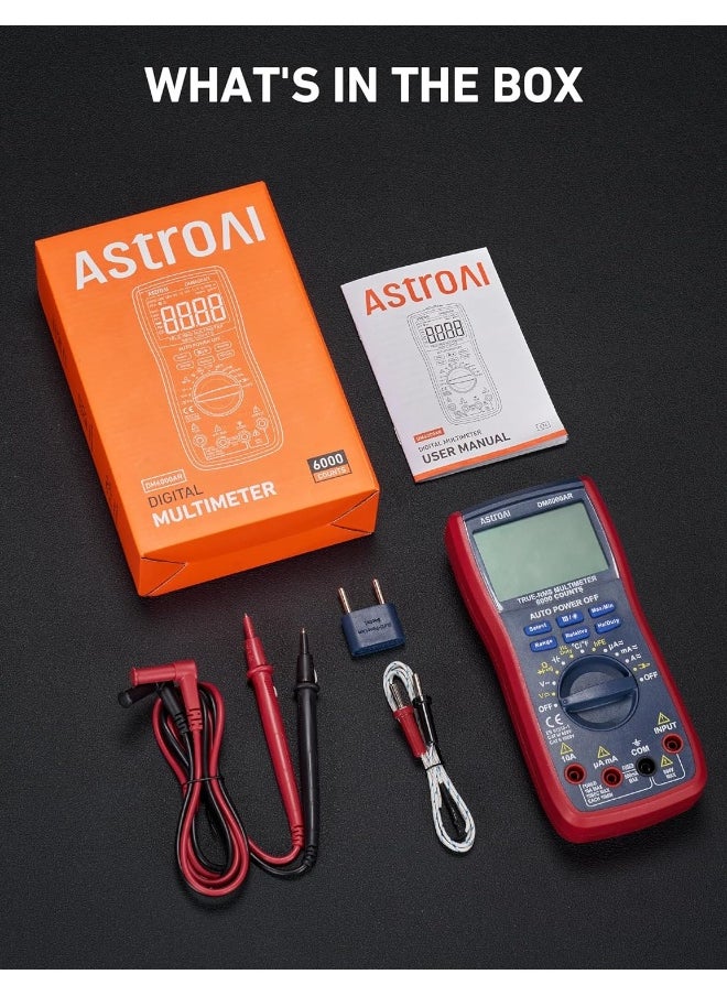 AstroAI Digital Multimeter and Analyzer TRMS 6000 Counts Volt Meter Ohmmeter Auto-Ranging Tester; Accurately Measures Voltage Current Resistance Diodes Continuity Duty-Cycle Capacitance Temperature