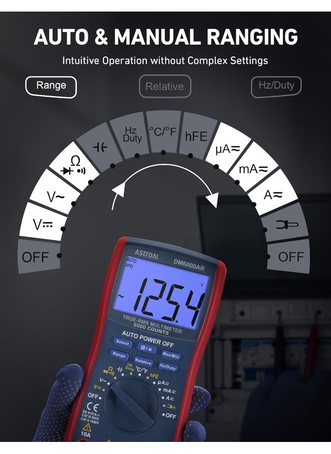AstroAI Digital Multimeter and Analyzer TRMS 6000 Counts Volt Meter Ohmmeter Auto-Ranging Tester; Accurately Measures Voltage Current Resistance Diodes Continuity Duty-Cycle Capacitance Temperature