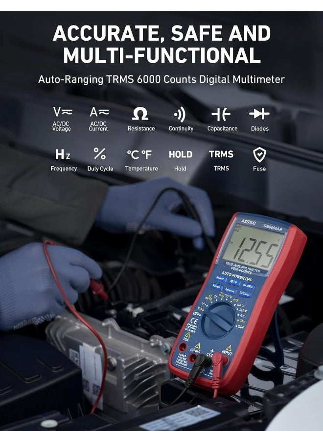 AstroAI Digital Multimeter and Analyzer TRMS 6000 Counts Volt Meter Ohmmeter Auto-Ranging Tester; Accurately Measures Voltage Current Resistance Diodes Continuity Duty-Cycle Capacitance Temperature