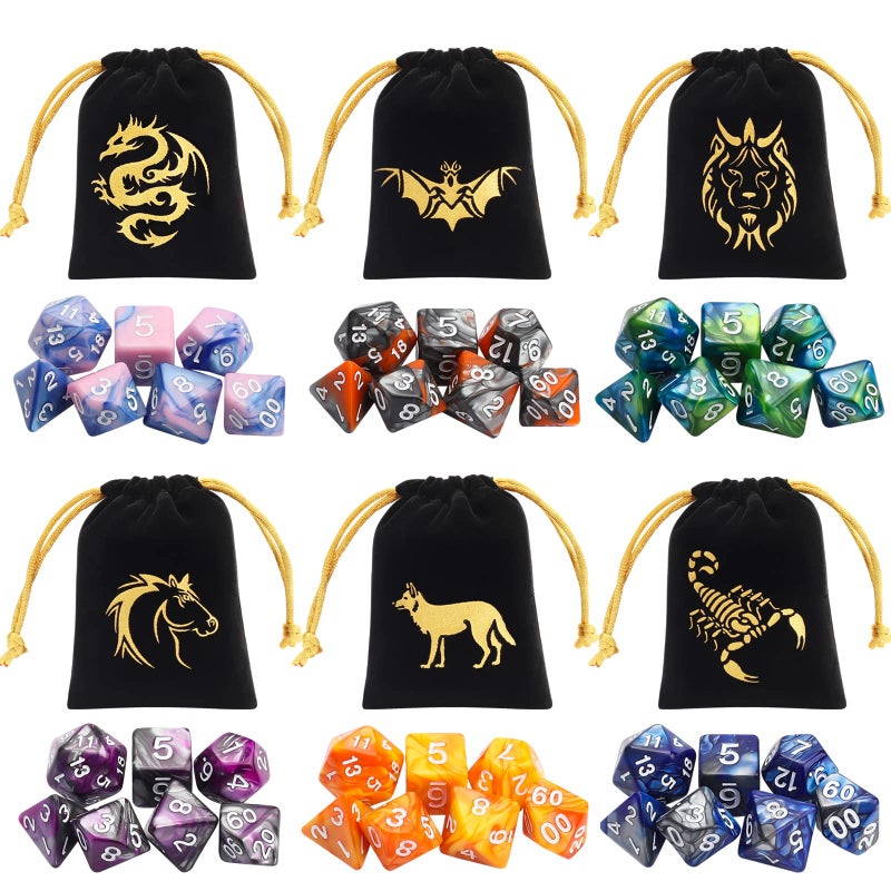 CiaraQ DND Polyhedral Dice Set (42pcs) with 6 Gold Pattern Drawstring Pouches for Dungeons and Dragons RPG MTG Table Games. 6 X 7 Double-Colors Dice Sets (D4 D6 D8 D10 D% D12 D20) - Image 2