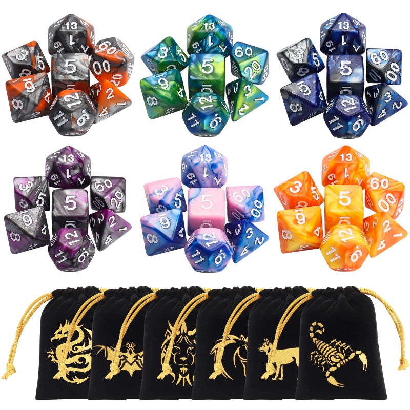 CiaraQ DND Polyhedral Dice Set (42pcs) with 6 Gold Pattern Drawstring Pouches for Dungeons and Dragons RPG MTG Table Games. 6 X 7 Double-Colors Dice Sets (D4 D6 D8 D10 D% D12 D20) - Image 1