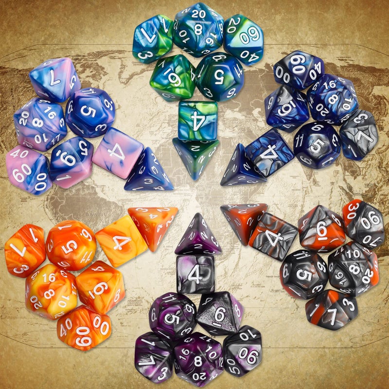 CiaraQ DND Polyhedral Dice Set (42pcs) with 6 Gold Pattern Drawstring Pouches for Dungeons and Dragons RPG MTG Table Games. 6 X 7 Double-Colors Dice Sets (D4 D6 D8 D10 D% D12 D20) - Image 3