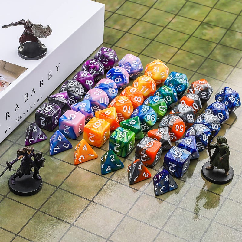 CiaraQ DND Polyhedral Dice Set (42pcs) with 6 Gold Pattern Drawstring Pouches for Dungeons and Dragons RPG MTG Table Games. 6 X 7 Double-Colors Dice Sets (D4 D6 D8 D10 D% D12 D20) - Image 4