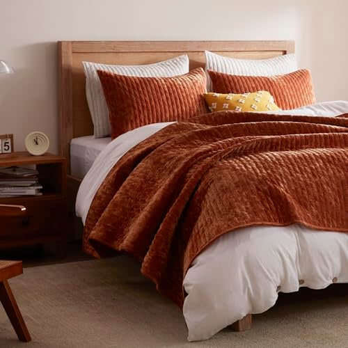 LEAONME Oversized King Quilt 120''x120'', Lightweight Burnt Orange Velvet Comforter Set with 2 Matching Shams, Soft Cross Stitch Bedspread Coverlet, Oversized King Bedding Set for All Season - Image 2