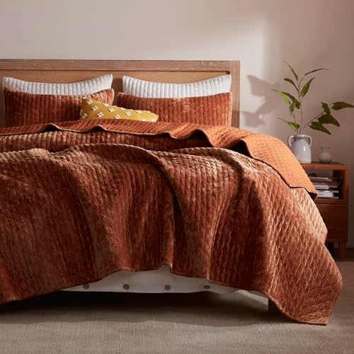 LEAONME Oversized King Quilt 120''x120'', Lightweight Burnt Orange Velvet Comforter Set with 2 Matching Shams, Soft Cross Stitch Bedspread Coverlet, Oversized King Bedding Set for All Season - Image 1