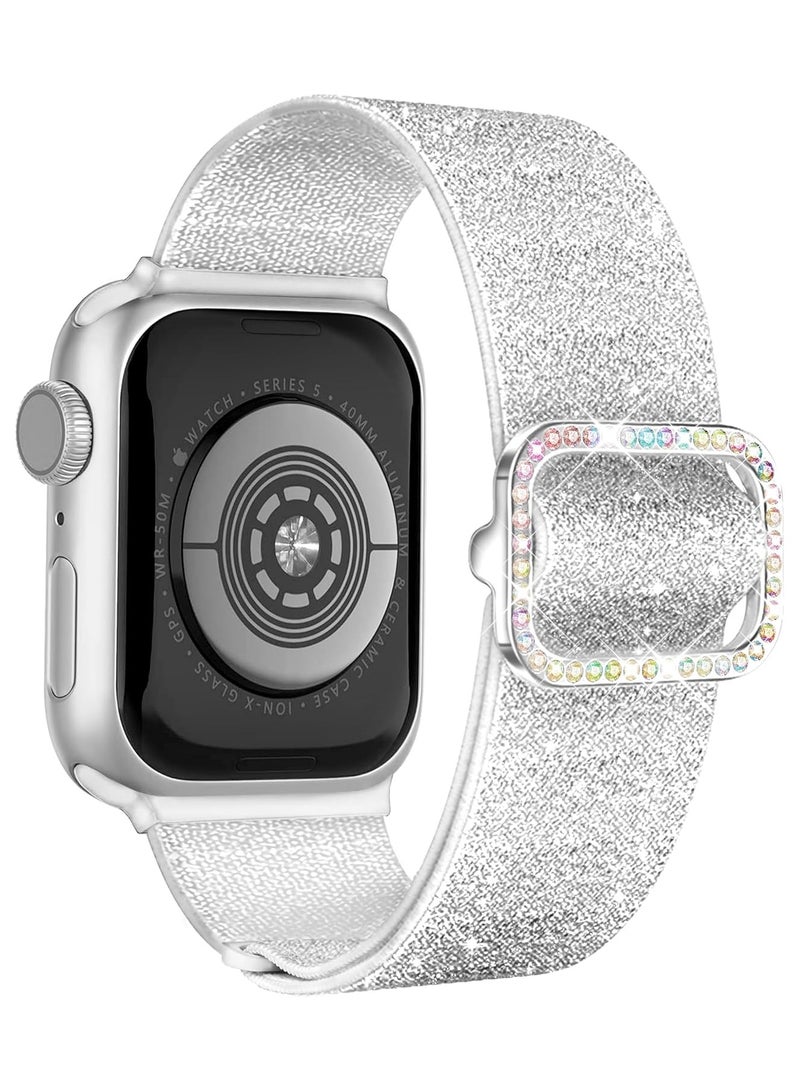 سوار نايلون مرن لامع متوافق مع سوار ساعة أبل 42 مم 44 مم 45 مم 46 مم 49 مم للنساء، أساور مرنة لامعة بحلقة فردية لسلسلة iWatch 10/9/8/7/6/5/Ultra/Ultra 2 (فضي) - Image 1