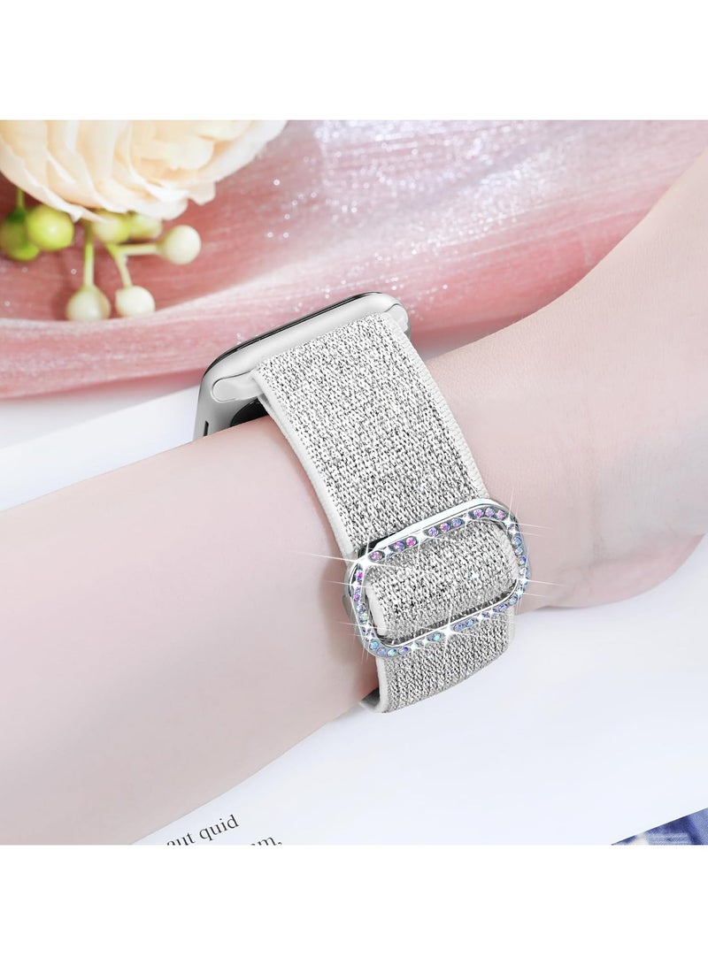 سوار نايلون مرن لامع متوافق مع سوار ساعة أبل 42 مم 44 مم 45 مم 46 مم 49 مم للنساء، أساور مرنة لامعة بحلقة فردية لسلسلة iWatch 10/9/8/7/6/5/Ultra/Ultra 2 (فضي) - Image 3