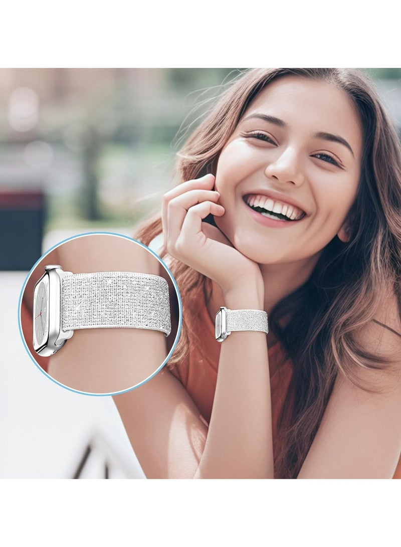 سوار نايلون مرن لامع متوافق مع سوار ساعة أبل 42 مم 44 مم 45 مم 46 مم 49 مم للنساء، أساور مرنة لامعة بحلقة فردية لسلسلة iWatch 10/9/8/7/6/5/Ultra/Ultra 2 (فضي) - Image 5