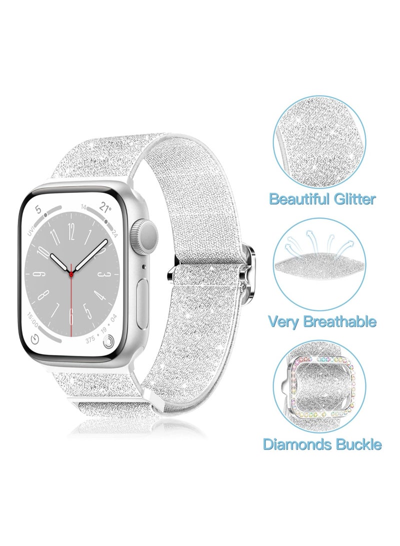سوار نايلون مرن لامع متوافق مع سوار ساعة أبل 42 مم 44 مم 45 مم 46 مم 49 مم للنساء، أساور مرنة لامعة بحلقة فردية لسلسلة iWatch 10/9/8/7/6/5/Ultra/Ultra 2 (فضي) - Image 4