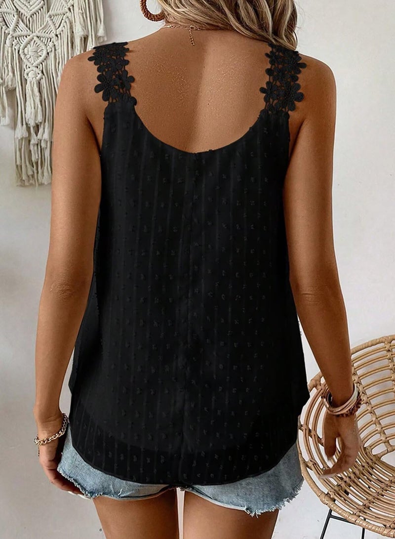 Falechay Camisole Tops for Women Trendy Casual Summer Crew Neck Sleeveless Lace Crochet Eyelet Top Babydoll Flowy Swiss Dot Blouse Bohemian Black Fall Plus Size Shirts Vacation XL - Image 3
