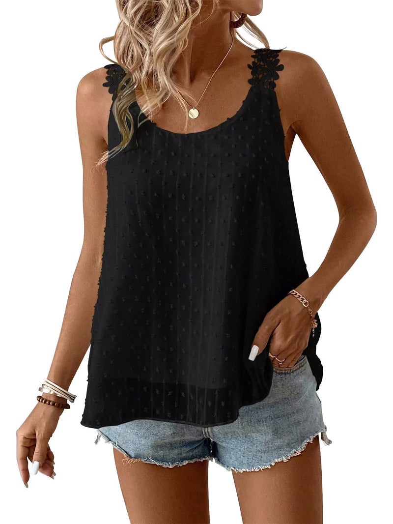 Falechay Camisole Tops for Women Trendy Casual Summer Crew Neck Sleeveless Lace Crochet Eyelet Top Babydoll Flowy Swiss Dot Blouse Bohemian Black Fall Plus Size Shirts Vacation XL - Image 1