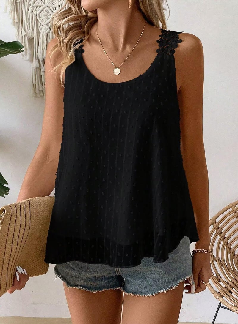Falechay Camisole Tops for Women Trendy Casual Summer Crew Neck Sleeveless Lace Crochet Eyelet Top Babydoll Flowy Swiss Dot Blouse Bohemian Black Fall Plus Size Shirts Vacation XL - Image 2