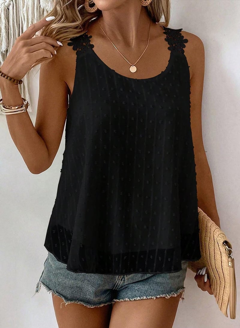 Falechay Camisole Tops for Women Trendy Casual Summer Crew Neck Sleeveless Lace Crochet Eyelet Top Babydoll Flowy Swiss Dot Blouse Bohemian Black Fall Plus Size Shirts Vacation XL - Image 4