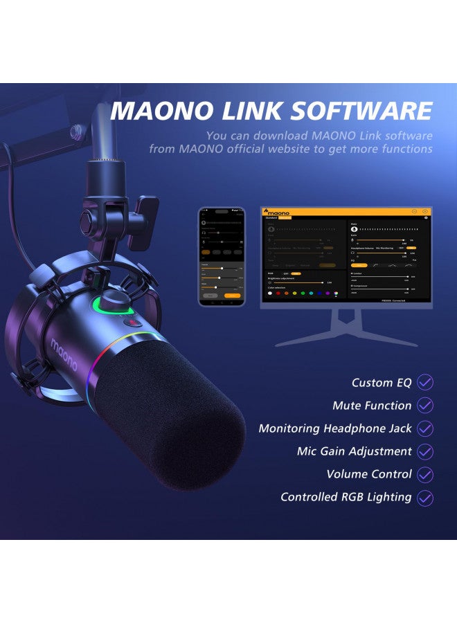 Maono ماونو ميكروفون ديناميكي XLR/USB، ميكروفون بودكاست RGB مع برنامج، زر كتم، مقبض زيادة، تحكم في الصوت، ذراع متحركة للبث، الألعاب، التعليق الصوتي، التسجيل-PD200XS أسود - Image 2