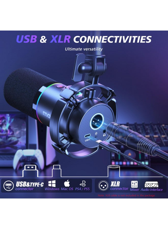 Maono ماونو ميكروفون ديناميكي XLR/USB، ميكروفون بودكاست RGB مع برنامج، زر كتم، مقبض زيادة، تحكم في الصوت، ذراع متحركة للبث، الألعاب، التعليق الصوتي، التسجيل-PD200XS أسود - Image 1