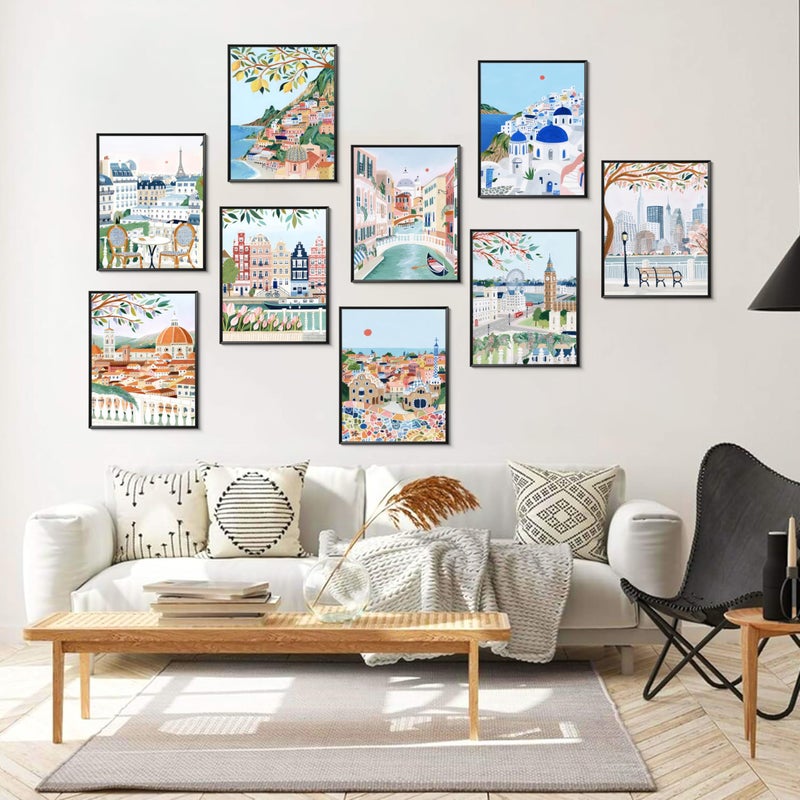 Tmvosn Vintage Travel Cities Posters Wall Art Set of 9, Trendy Modern Colorful Landscape Wall Decor, Europe Italy Cities Canvas Art Prints Painting for Living Room Bedroom Bathroom Home Decor 8x10 Unframed - Image 2
