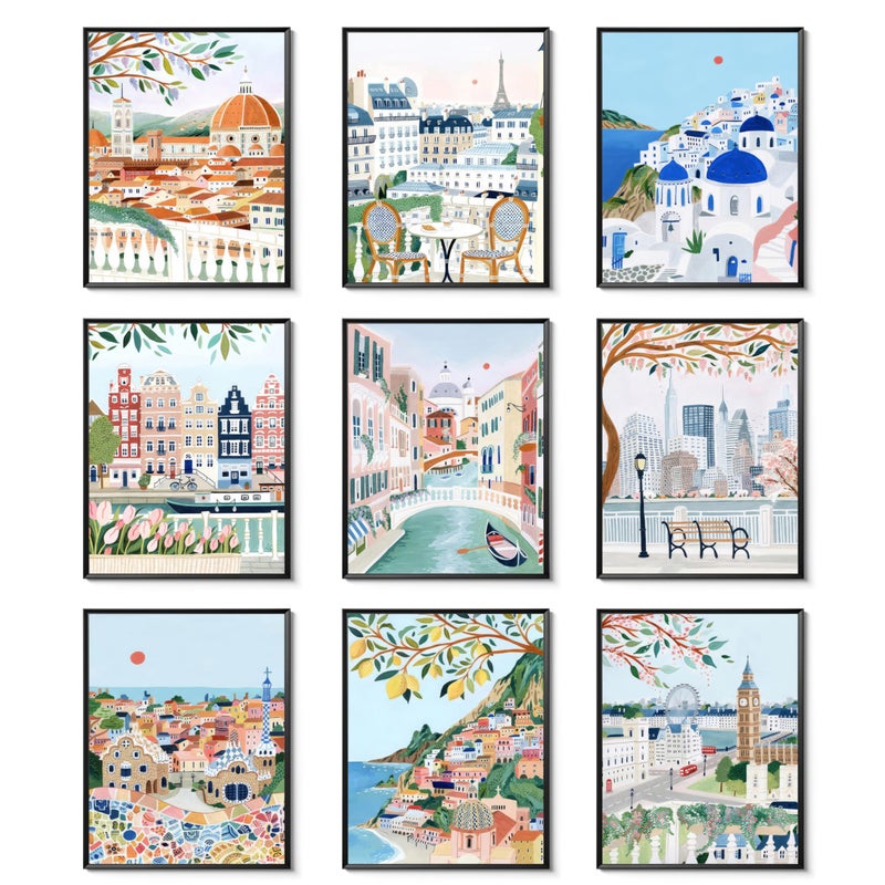 Tmvosn Vintage Travel Cities Posters Wall Art Set of 9, Trendy Modern Colorful Landscape Wall Decor, Europe Italy Cities Canvas Art Prints Painting for Living Room Bedroom Bathroom Home Decor 8x10 Unframed - Image 1