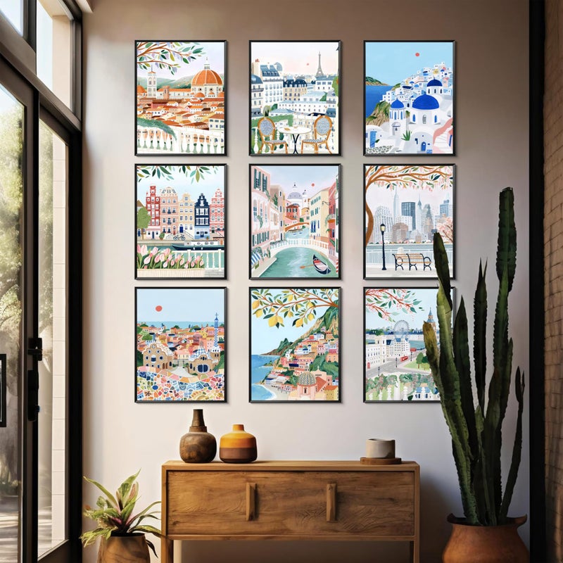 Tmvosn Vintage Travel Cities Posters Wall Art Set of 9, Trendy Modern Colorful Landscape Wall Decor, Europe Italy Cities Canvas Art Prints Painting for Living Room Bedroom Bathroom Home Decor 8x10 Unframed - Image 3