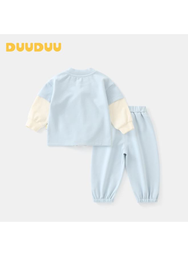 Duuduu Kids Clothing Children's Set Spring And Autumn Boys Patchwork Long Sleeve Sweatshirt Toddler Outing Jogger Pants Blue 110 - Image 2