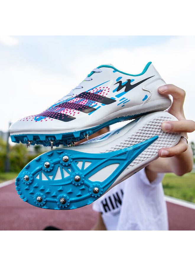 Double Star Eight Double Star Spike Shoes, Track And Field Shoes, Middle And Short-distance Running Shoes, For Men And Women Students, Middle School Entrance Exam, Physical Test, Level 3 Long Jump Compeion, Specialized Running Training Shoes, 95026, 026 Leather Surface-white And Blue - Image 2
