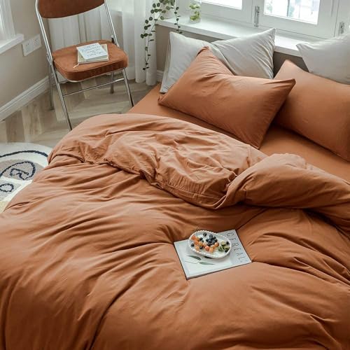 AMWAN Jersey Knit Cotton Duvet Cover Set Solid Pumpkin Color, Luxury Soft Comforter Cover Queen Size 3 Piece Bedding Set 1 Duvet Cover 2 Pillowcases Set - Image 3