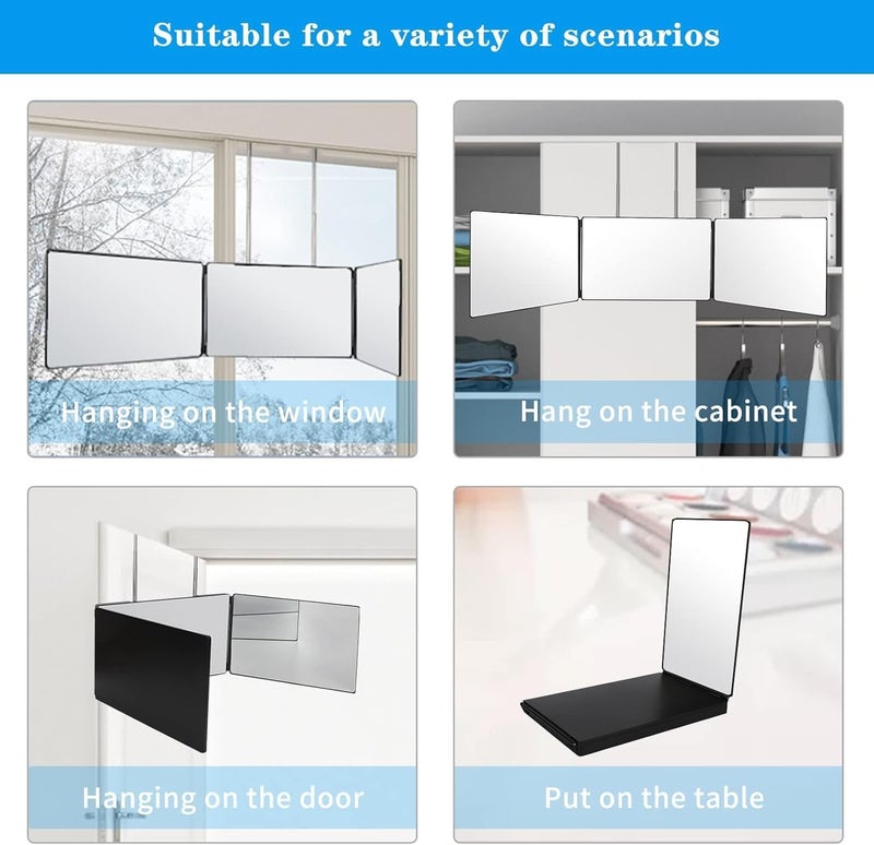 Seafrrzios Seafrrzios Way Mirror for Hair Cutting360 Trifold Mirror with Height Adjustable Telescoping Hooksand 5X Magnification Mirrorfor Makeup Hair Styling Black  - Image 5