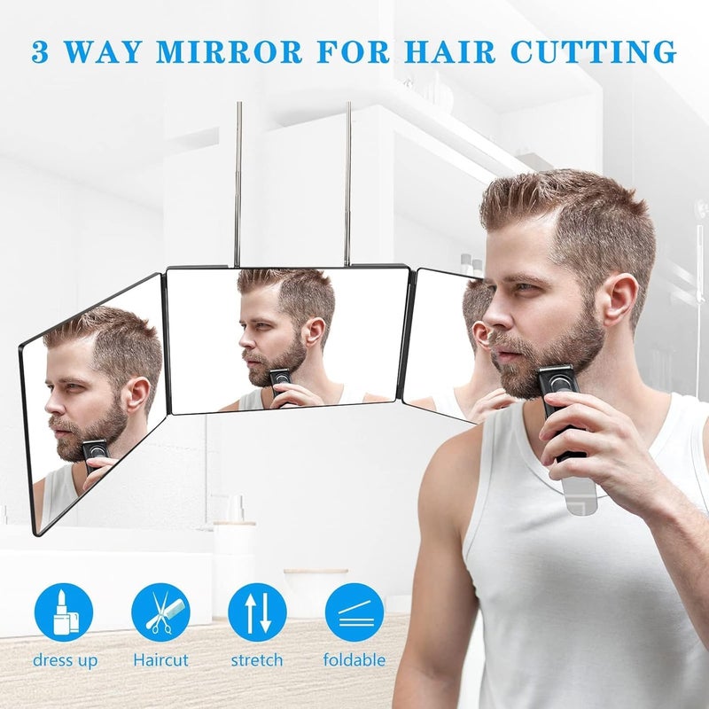 Seafrrzios Seafrrzios Way Mirror for Hair Cutting360 Trifold Mirror with Height Adjustable Telescoping Hooksand 5X Magnification Mirrorfor Makeup Hair Styling Black  - Image 2