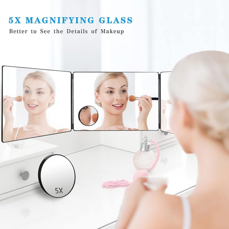 Seafrrzios Seafrrzios Way Mirror for Hair Cutting360 Trifold Mirror with Height Adjustable Telescoping Hooksand 5X Magnification Mirrorfor Makeup Hair Styling Black  - Image 4