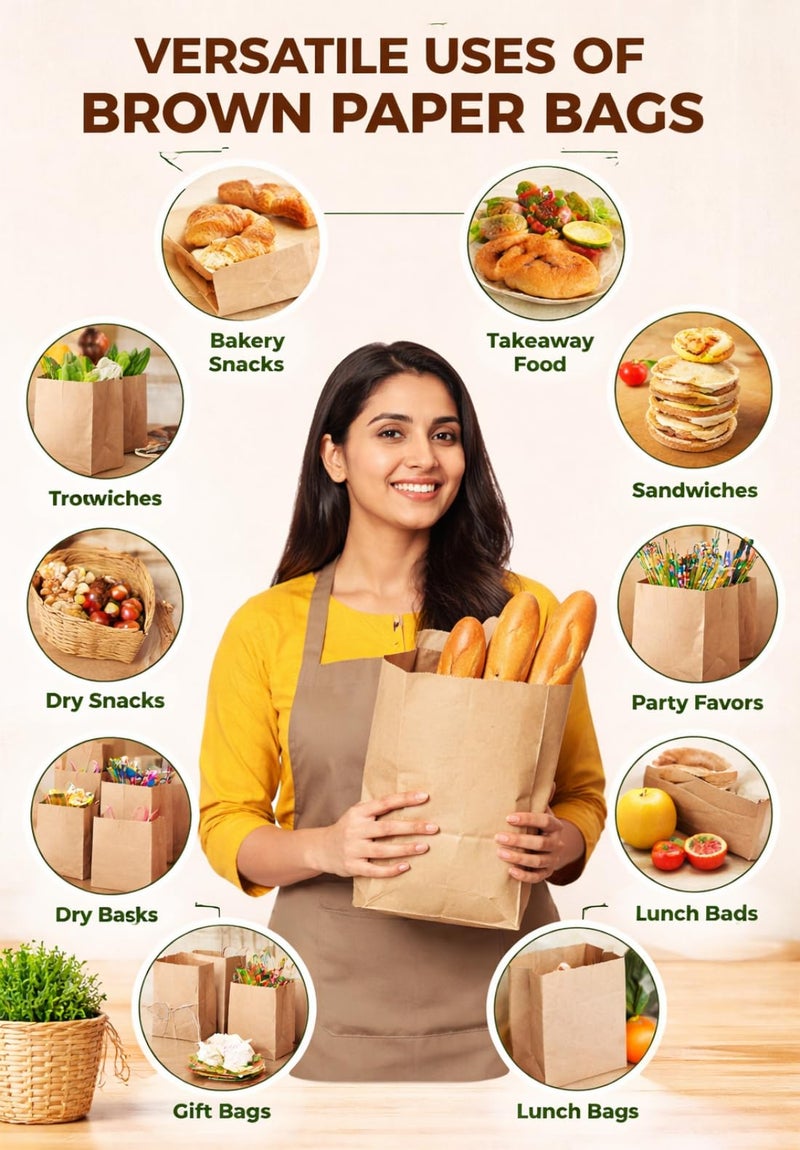 Tia Crafts Eco-friendly Food Grade Paper Bags for Food Packing | Square Flat Bottom | Useful for Grocery, fruits, gifting, cookies Take Away 9X5X3 inch (Capacity: pack of 250 grams, 100 bags) - Image 5
