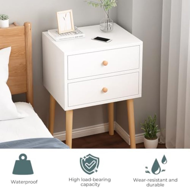2-Tier Nightstand, Bedside Table, End Table with Storage Drawer and Open Shelf, modern Style Desk with Solid Wood Legs, Perfect for Bedroom Living Room 2 Drawer - Image 4