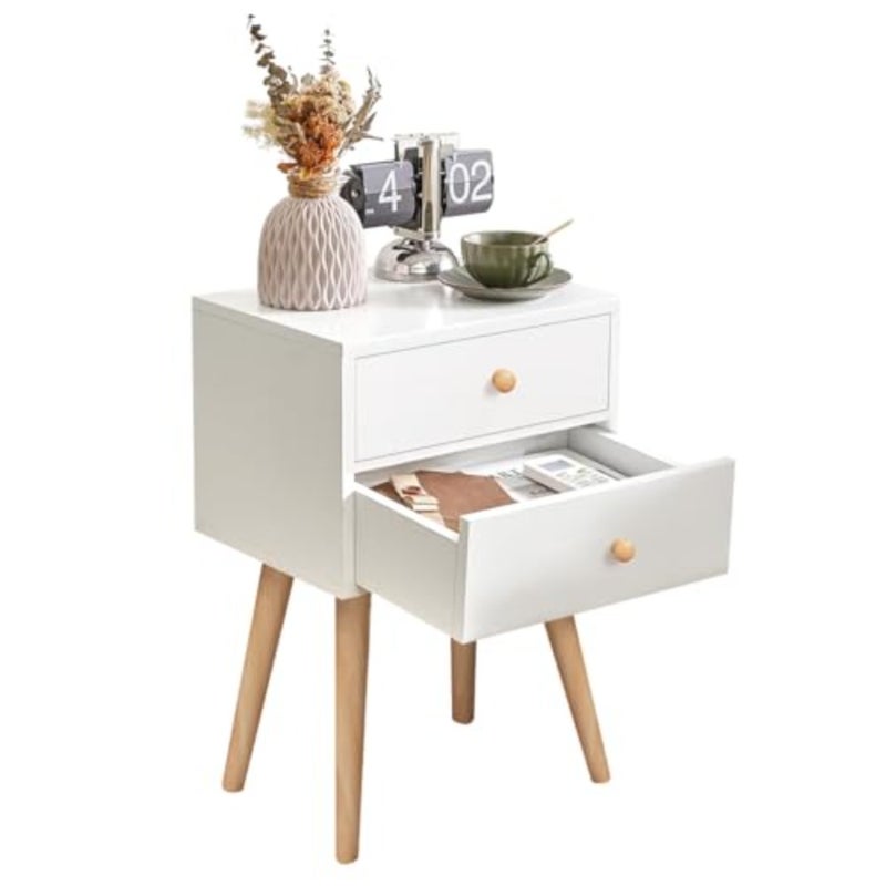 2-Tier Nightstand, Bedside Table, End Table with Storage Drawer and Open Shelf, modern Style Desk with Solid Wood Legs, Perfect for Bedroom Living Room 2 Drawer - Image 1