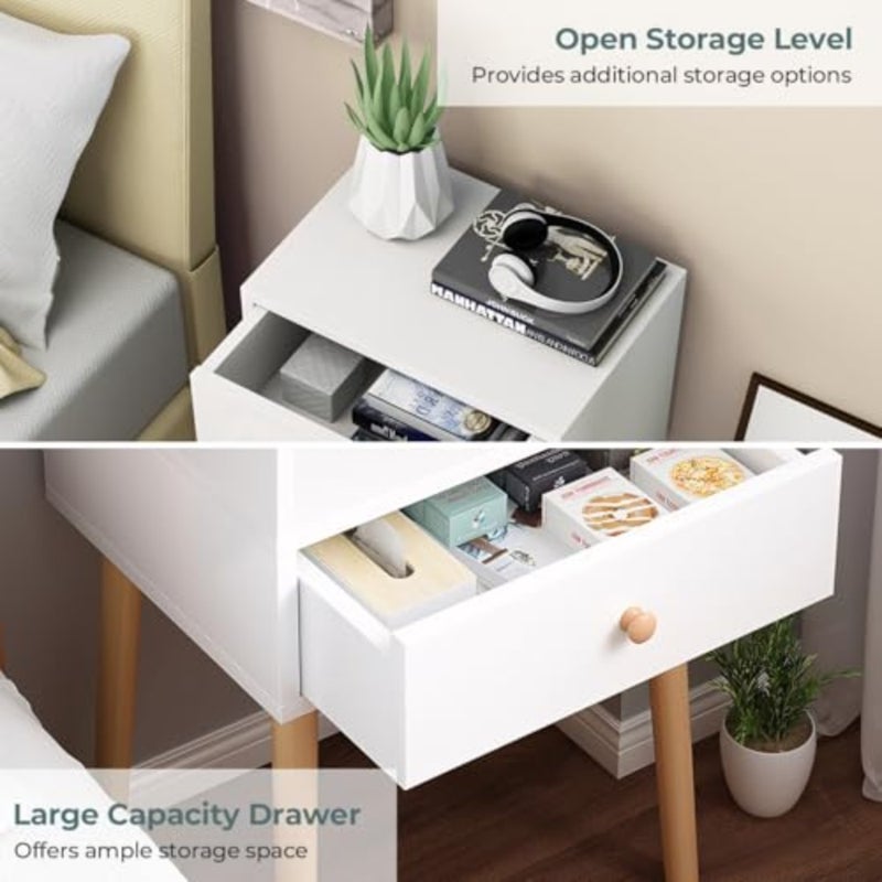 2-Tier Nightstand, Bedside Table, End Table with Storage Drawer and Open Shelf, modern Style Desk with Solid Wood Legs, Perfect for Bedroom Living Room 2 Drawer - Image 5