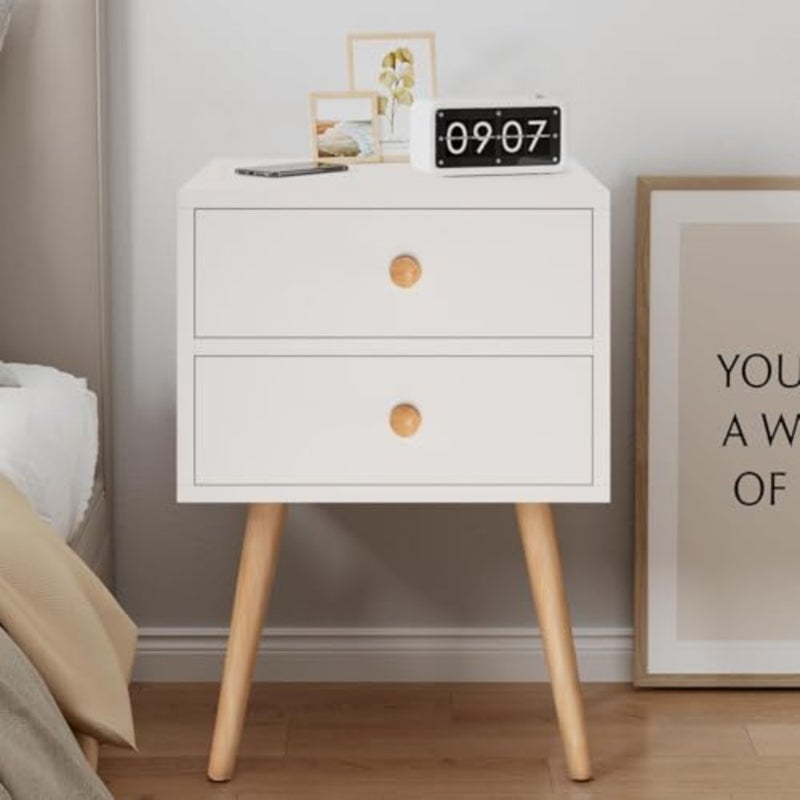 2-Tier Nightstand, Bedside Table, End Table with Storage Drawer and Open Shelf, modern Style Desk with Solid Wood Legs, Perfect for Bedroom Living Room 2 Drawer - Image 2