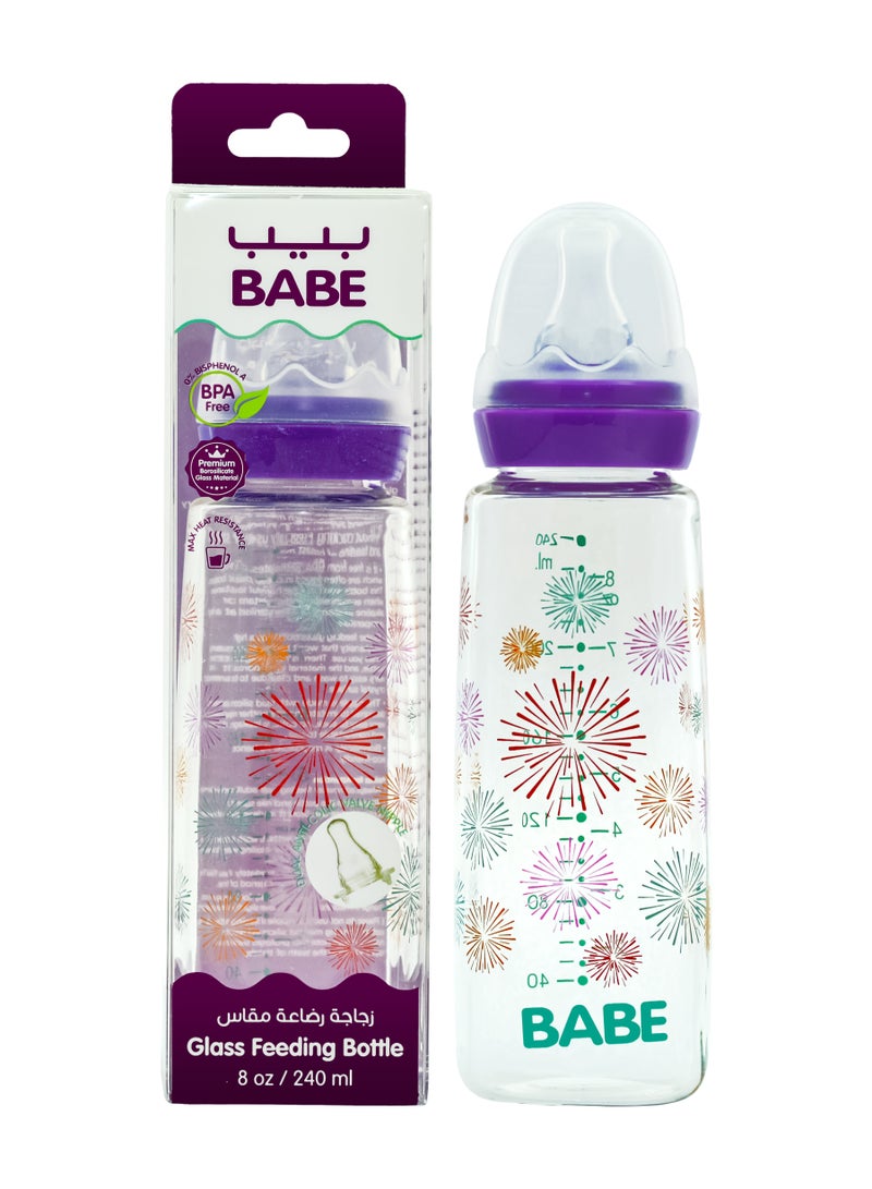 Babe Baby Glass Feeding Bottle Square Purple – 240 ml (8 oz) - Image 1