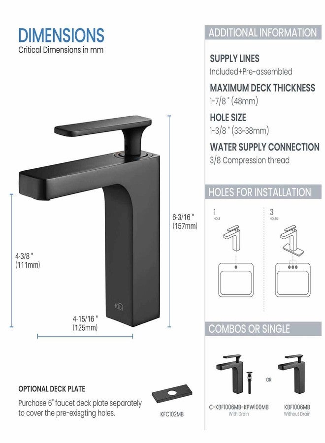 كيبي حنفية حوض حمام KIBI Infinity بمقبض واحد | حنفية حمام من النحاس الصلب بفوهة عالية القوس لتدفق مياه سلس | مزودة بخرطوم مياه لسهولة التركيب (أسود غير لامع، KBF1006) - Image 5