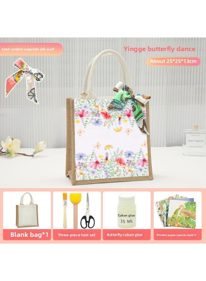 Thanksgiving Diy Handmade Butterfly Ancient Bart Canvas Tote Bag Sack Paste Group Building Parent-child Material Bag Warm-up Field-Color:Butterfly Cubanite Yingge Butterfly Dance Material Pack + Small Burlap Bag Vertical Style  - Image 1